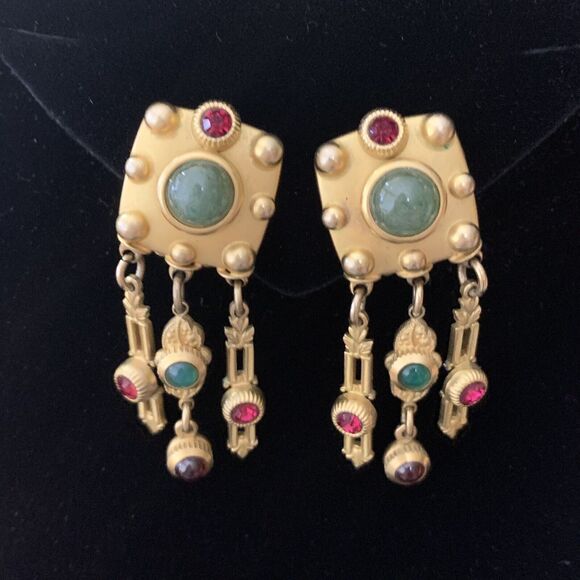 Vintage Natasha Stambouli Gemstone Matte Gold Plated Dangle Clip On Earrings - Picture 1 of 6